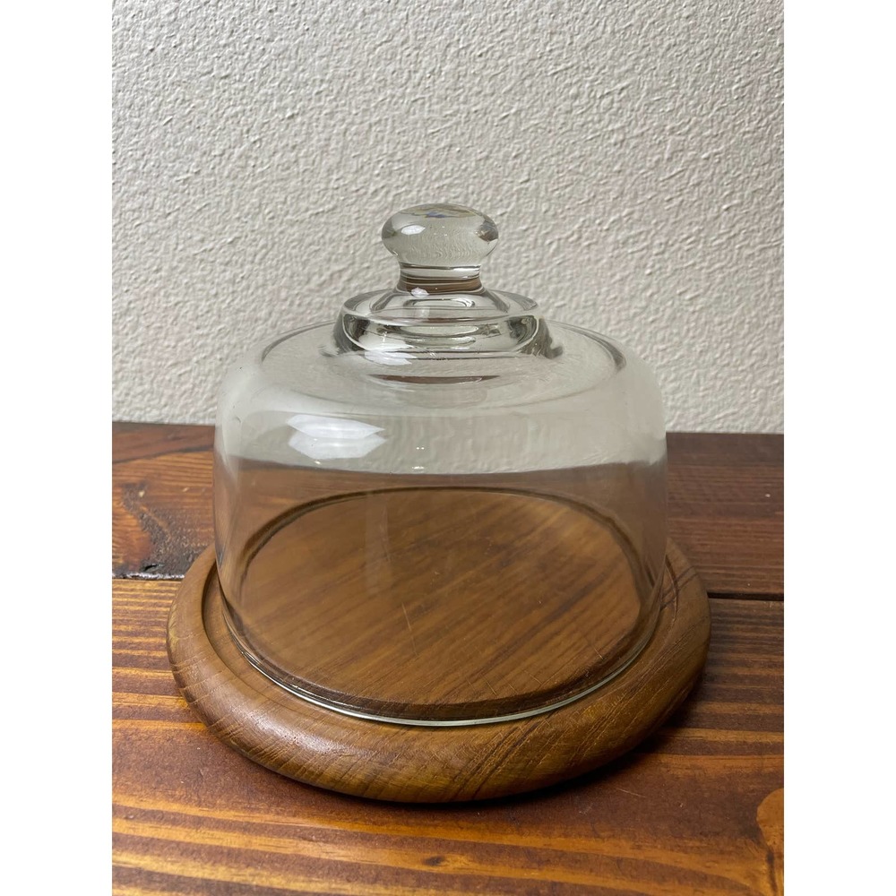 Vintage cheese dome Dolphin Teakwood with wooden base and clear glass top